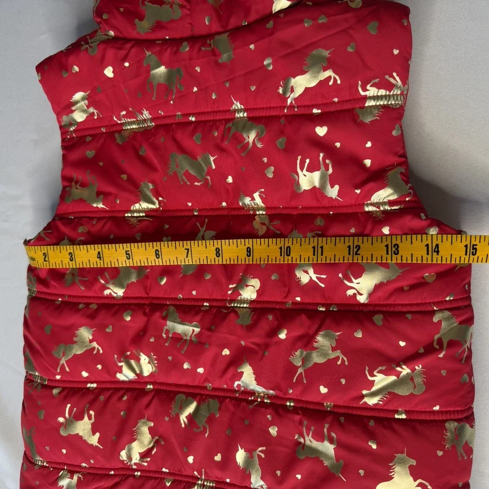 Isaac Mizrahi Girls Quilted Hooded Vest Red Metallic Unicorns Med 7-8 Faux Fur